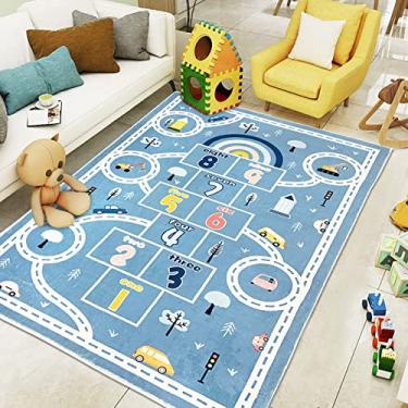 Imagem de Abeigoi Tapete infantil para crianças, 1,2 x 1,8 m, grande, Hopscotch, para meninos, quarto, sala de jogos, sala de aula, área de aprendizagem, tapete infantil, azul