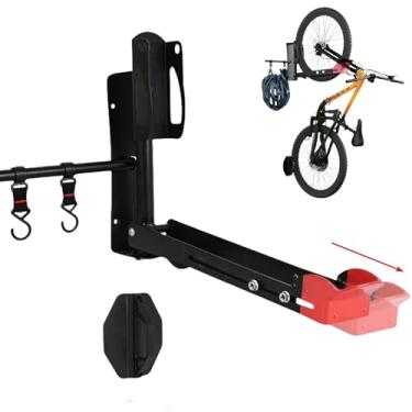 Imagem de Benustra Suporte de parede giratório para bicicleta, suporte de parede de garagem, cabides de parede verticais esticáveis com dois ganchos de armazenamento, cabides de bicicleta para economizar espaço