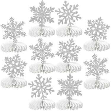 Imagem de Rsstarxi 12 Pack Snowflake Party Decorations Frozen Winter Wonderland Snowflake Honeycomb Centerpieces for Winter Holiday Baby Shower Kids Birthday Party Cake Decorations Silver
