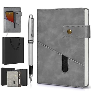 Imagem de Caderno de anotações com forro cinza, capa dura personalizada de couro A5 com caneta luxuosa e caixa de presente, papel grosso de 100 g/m² com bolso reforçado para escola, escritório, casa, negócios