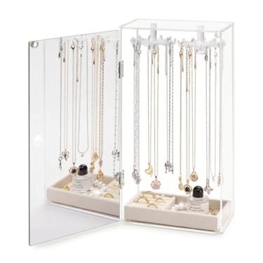 Imagem de Cirhy Organizador de colar, organizador de colar de acrílico com bandeja de veludo, 24 ganchos à prova de poeira, organizador de joias, suporte de armazenamento, brincos de anel e pulseira para