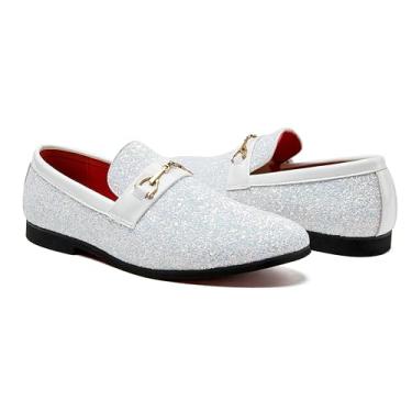Imagem de Mocassim masculino metálico texturizado sem cadarço glitter lantejoulas moda vestido de casamento sapatos dourados, Branco, 42