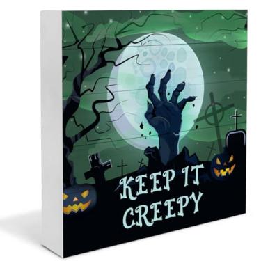 Imagem de Decoração de Halloween, decorações engraçadas de terror, placa decorativa de madeira Keep It Creepy, decoração de casa para prateleira de mesa de mesa 12 x 12 cm