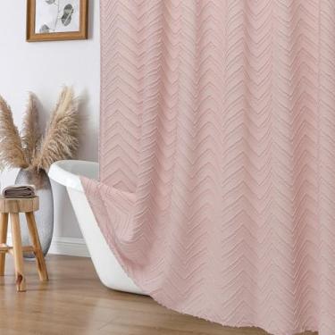 Imagem de OVZME Cortina de chuveiro pequena rosa blush para banheiro 91 cm de comprimento, cortina de chuveiro moderna texturizada com tufos chevron listrados com 12 ganchos de plástico, 91 cm L x 182 cm C