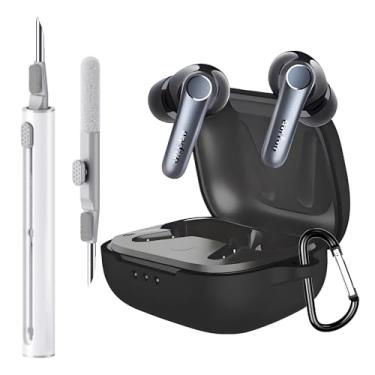 Imagem de Capa compatível com fones de ouvido EarFun Air Pro 4, capa de silicone macio com kit de limpeza, capa protetora à prova de choque com mosquetão acessórios chaveiro (preto)