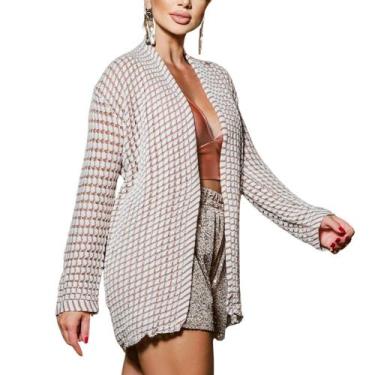 Imagem de Kimono Cardigan Inverno Feminino Quadradinho Reto - EUC STORE, Off, Wh