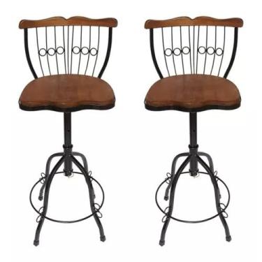 Imagem de Kit 2 Banquetas Bistrô Regulável Giratória Ferro Madeira