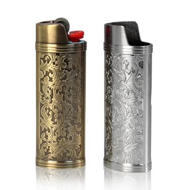 Imagem de HUMWE Capa Para Isqueiro De Metal Vintage, Pacote Com 2, Capa Frontal Com Gravura Em Arabesco, Capa Reutilizável Para Isqueiros Bic J6 Regulares (Estilo 1-Bronze E Prata, 2)