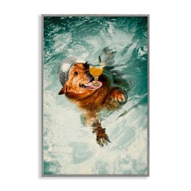 Imagem de Stupell Industries Arte de parede giclée emoldurada de cachorro disco na piscina cinza por Graffi*tee Studios, 40,6 x 61 cm