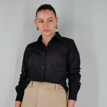 Imagem de Camisa Tricoline Social Jaspe Preta Manga Longa Feminino Adulto 20a - 