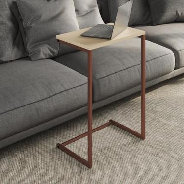 Imagem de Mesa Lateral Apoio de Sofá Charmme Ferro Cobre Tampo Off White 70cm Pés de Aço Industrial Decoração Para Casa