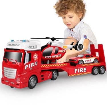 Imagem de Caminhão de brinquedo Dwi Dowellin 25,6 cm com carro de corrida e helicóptero