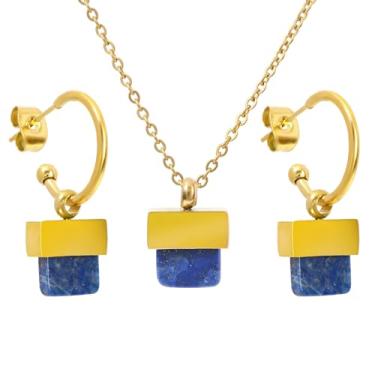 Imagem de TaYolnFaSo Conjunto de colar e brincos de pedra natural para mulheres, conjunto de joias de pedra curativa, presente para mãe e esposa, Aço inoxidável, Lápis-lazúli
