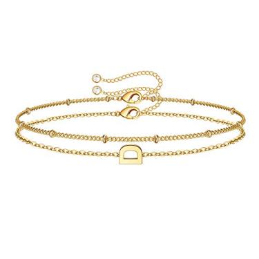 Imagem de M MOOHAM Pulseiras iniciais femininas - Pulseira com letras em camadas com pingente de inicial A-Z, joias delicadas de ouro/prata/ouro rosa para mulheres, presentes de aniversário, joias de ouro