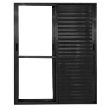 Imagem de Porta de Alumínio Balcão 3 Folhas Móveis Preta Linha 25 Com Fechadura 