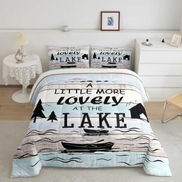 Imagem de Feelyou Jogo de cama Queen com estampa de lago, listrado, de madeira, rústica, à beira do lago, para meninos, meninas, adolescentes, barco, remo, cabana, árvore, azul, branco, 1 edredom com 2 fronhas