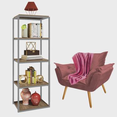 Imagem de Kit Poltrona Fatte com Manta Soft e Estante Livreiro Ferro Cinza mdf Rústico Suede Rose...