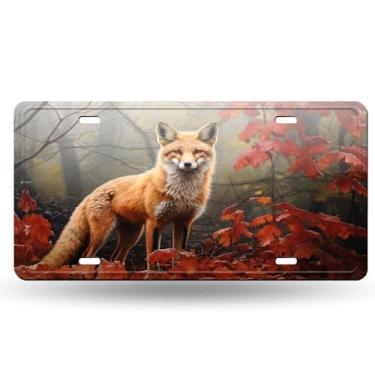 Imagem de Fox Young Red Fox Listening to Something in Woodland StyleLicense Plate Cover - Etiqueta artística de alumínio para carro, à prova de ferrugem, design exclusivo - 15 x 30 cm