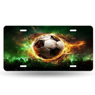 Imagem de Bola de futebol em chamas de fogo multicolorida capa de placa de licença - etiqueta artística de carro de alumínio, à prova de ferrugem, design exclusivo novidade - 15 x 30 cm