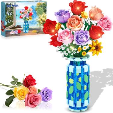 Imagem de Conjunto de construção CUBIMANA Roses Flowers com vaso e luz LED