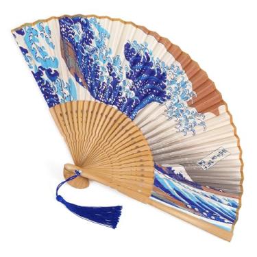 Imagem de Grevosea Ventilador de mão dobrável para mulheres e homens - Leques elegantes de bambu e seda Ventiladores de mão de bambu dobráveis de madeira para casamentos, festas e decoração de casa - designs