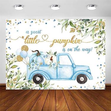 Imagem de Avezano Pano de fundo de chá de bebê de abóbora azul Uma doce abóbora está a caminho, decorações de festa de chá de bebê, verde, azul, carro, bolinhas, fundo fotográfico para recém-nascidos (2,4 x 1,8