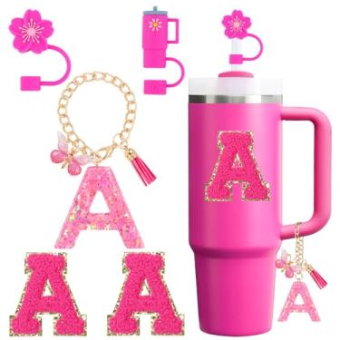 Imagem de QUNNDY Conjunto de acessórios de copo para copo Stanley Cup 850 g 1,134 g com alça, incluindo tampa de cobertura de palha de silicone, pingente de alça, adesivo de iniciais fúcsia (A-Fúcsia)