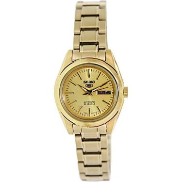 Imagem de Relógio automático feminino Seiko 5 #SYMK20 dourado em aço inoxidável com mostrador dourado