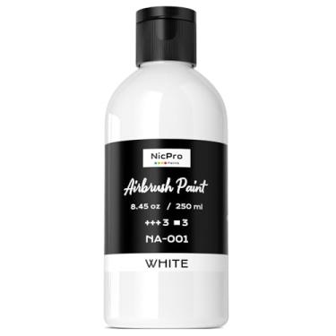 Imagem de Nicpro Tinta branca para aerógrafo grande (240 ml, 250 ml) pronta para pulverizar tintas acrílicas opacas à base de água para modelo, madeira, tela, metal, plástico, couro, para iniciantes e artistas