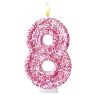 Imagem de Velas de aniversário rosa, número 8 para bolo, topo de bolo rosa com glitter, decorações de festa de aniversário de princesa, enfeite de cupcake, lembrancinhas de festa, suprimentos de decoração