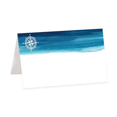 Imagem de Andaz Press Cartões náuticos em aquarela azul marinho para mesas de festa de casamento, cartões com nome de assento, marcados para design de barraca dobrável fácil, pacote com 56, 5 x 3,5 polegadas