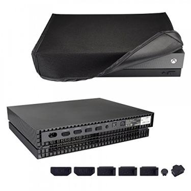 Imagem de eXtremeRate — Capa de poeira horizontal para Xbox One X Project Scorpio Console, protetor de poeira com forro suave e limpo, conjunto de capa de plugue de silicone para Xbox One X