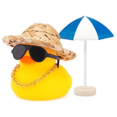 Imagem de Wonuu Ornamentos de carro de pato de borracha para painel de carro com chapéu de palha, guarda-chuva azul