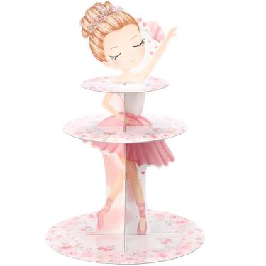 Imagem de Honeydak Decoração de 3 níveis de bailarina para festa de cupcake com tema de bailarina rosa, suporte de cupcake para dançarina, balé, sobremesa, torre para balé, tutu, dançarina, rosa, festa de