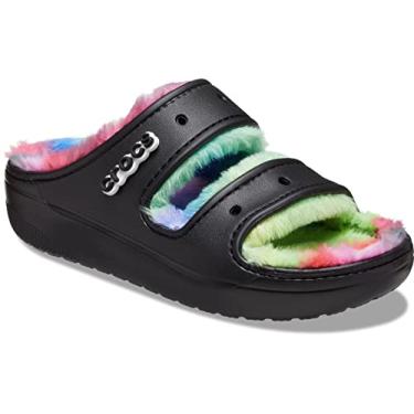Imagem de Crocs Sandália plataforma clássica unissex para adultos | Pantufas felpudas, Preto/Multi, 43