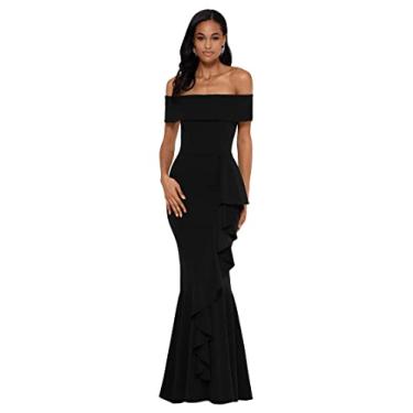 Imagem de Betsy & Adam Vestido feminino longo de crepe com babados em cascata e ombros de fora, Preto, 46