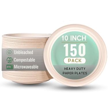 Imagem de JUST PACK IT [Pacote Com 150 - 10"] Pratos De Papel Cana-De-Açúcar Descartáveis, 100% Compostáveis E Ecológicos, Para Micro-Ondas, Resistentes Não Branqueados