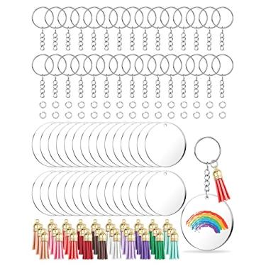 Imagem de YETOOME Conjunto De 120 Chaveiros Acrílico Em Branco, Chaveiro Redondo Transparente 2" Com Argolas Corrente E Borlas Coloridas Para Artesanato Faça Você Mesmo
