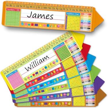 Imagem de 48 placas de nome grandes de giz de cera para etiquetas de nome de mesa 35 x 8 cm placa de identificação multiuso com números do alfabeto, cores, formas, tabela, adição, para crianças, sala de aula