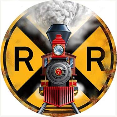 Imagem de Placa circular de metal de 30,5 x 30,5 cm, sinalização de trem, travessia de ferrovia, placa redonda vintage, pintura de ferro nostálgica engraçada