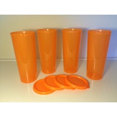 Imagem de NOVOS TUMBLERS TUPPERWARE 473 g CLÁSSICO LADO RETO LATERAL LARANJA COM SEALS CONJUNTO DE 4