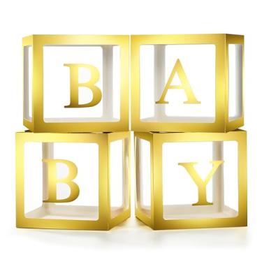 Imagem de Lovelite Caixas de bebê com letras para chá de bebê, 4 caixas de balão transparentes com 2 conjuntos de letras de bebê para decoração de revelação de gênero, meninos, meninas, aniversário, festa de