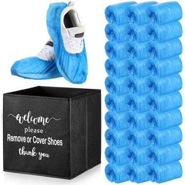 Imagem de Unittype 300 peças de capas de sapato descartáveis à prova d'água com 1 caixa de armazenamento dobrável interna bem-vinda, remova ou cubra os sapatos placa para suprimentos abertos (azul, 14 x 48 cm)