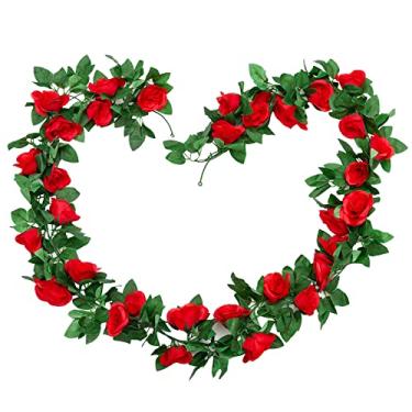 Imagem de HXDISWSM Guirlanda De Flores Artificiais 2 Peças 15 Pés (7,5 * Peças) Seda Vermelha, Videira Rosas, Hera Falsa Pendurada, Casa, Hotel, Escritório, Festa Casamento, Jardim, Artesanato, Arte, Decoraçã