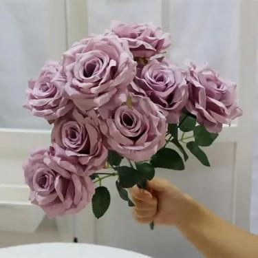 Imagem de Buquê de rosas de seda, flores artificiais para casa, casamento, área externa, arco, decoração faça você mesmo, mesa de festa, decoração floral do dia dos namorados (roxo)