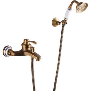 Imagem de Torneira Misturadora De Chuveiro De Banho Com Chuveiro De Mão Cobre Retro Montado Na Parede Banheiro Chuveiro Kit Misturador Torneira Vem Com Mangueira De 1,5 M E Suporte Adequado Para Ch, B