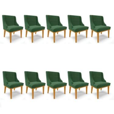 Imagem de Kit 10 Cadeiras de Jantar Liz Veludo Verde Base Fixa Madeira Castanho 