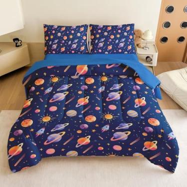 Imagem de Jogo de cama casal para meninos – Conjunto de edredom completo com 5 peças, foguete e planeta galáxia, lavável na máquina, durável – ideia de presente para quarto de meninos e meninas