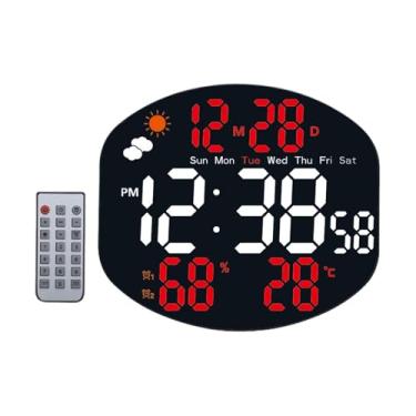 Imagem de WeiLaiKeQi Relógio de parede digital com controlador multifuncional LED leve duplo despertador relógio de mesa para sala de estar idosos, Vermelho