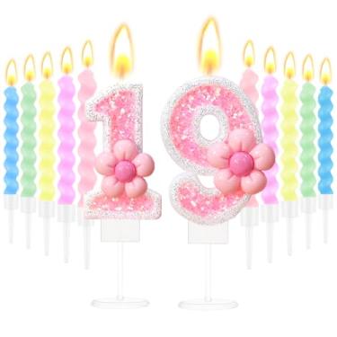 Imagem de Vela de aniversário número 19 com glitter rosa com design de flores rosa para bolo, 10 velas espirais para bolo de 19 anos, decoração de festa com tema doce de 19 anos